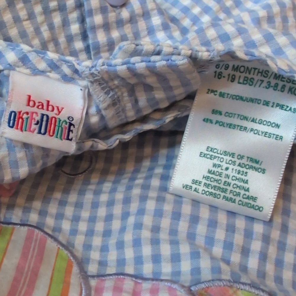 Infant Girls Vintage Blue Seersucker Embroidered Caterpillar Bubble Romper - Picture 2 of 6